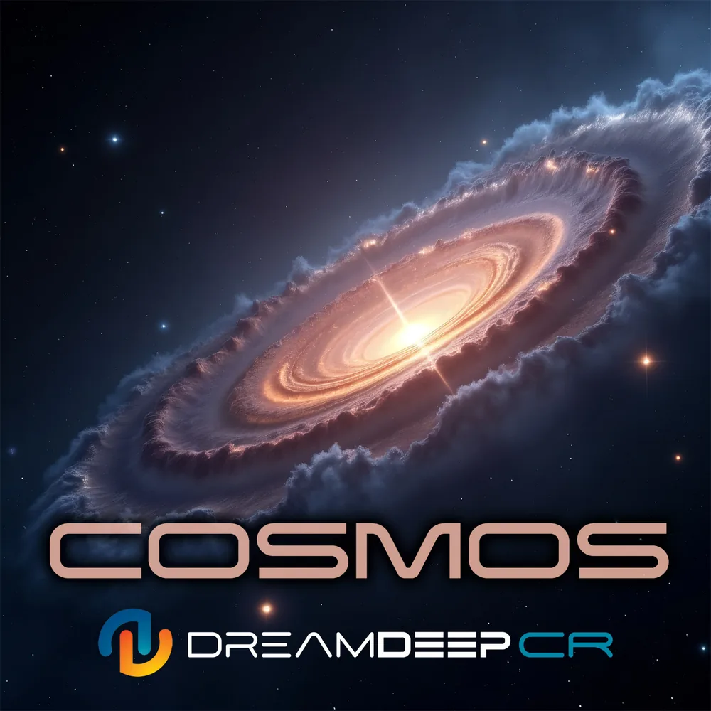 The cover of Cosmos by DreamDeep CR: a spiral galaxy glowing white and gold against deep blue space, with the title in large copper letters. The cover of Cosmos by DreamDeep CR: a spiral galaxy glowing white and gold against deep blue space, with the title in large copper letters.