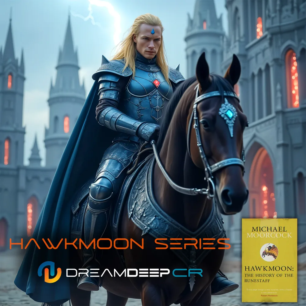 The cover of the Hawkmoon Series by DreamDeep CR: an armoured rider with long fair hair on a dark horse before a gothic city, with a copy of the book Hawkmoon: The History of the Runestaff in the corner.