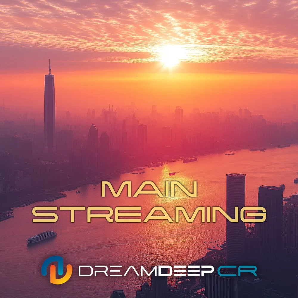 The cover of Main Streaming by DreamDeep CR: a city skyline and a wide river glowing pink and gold under a rising sun, with the title in gold letters.