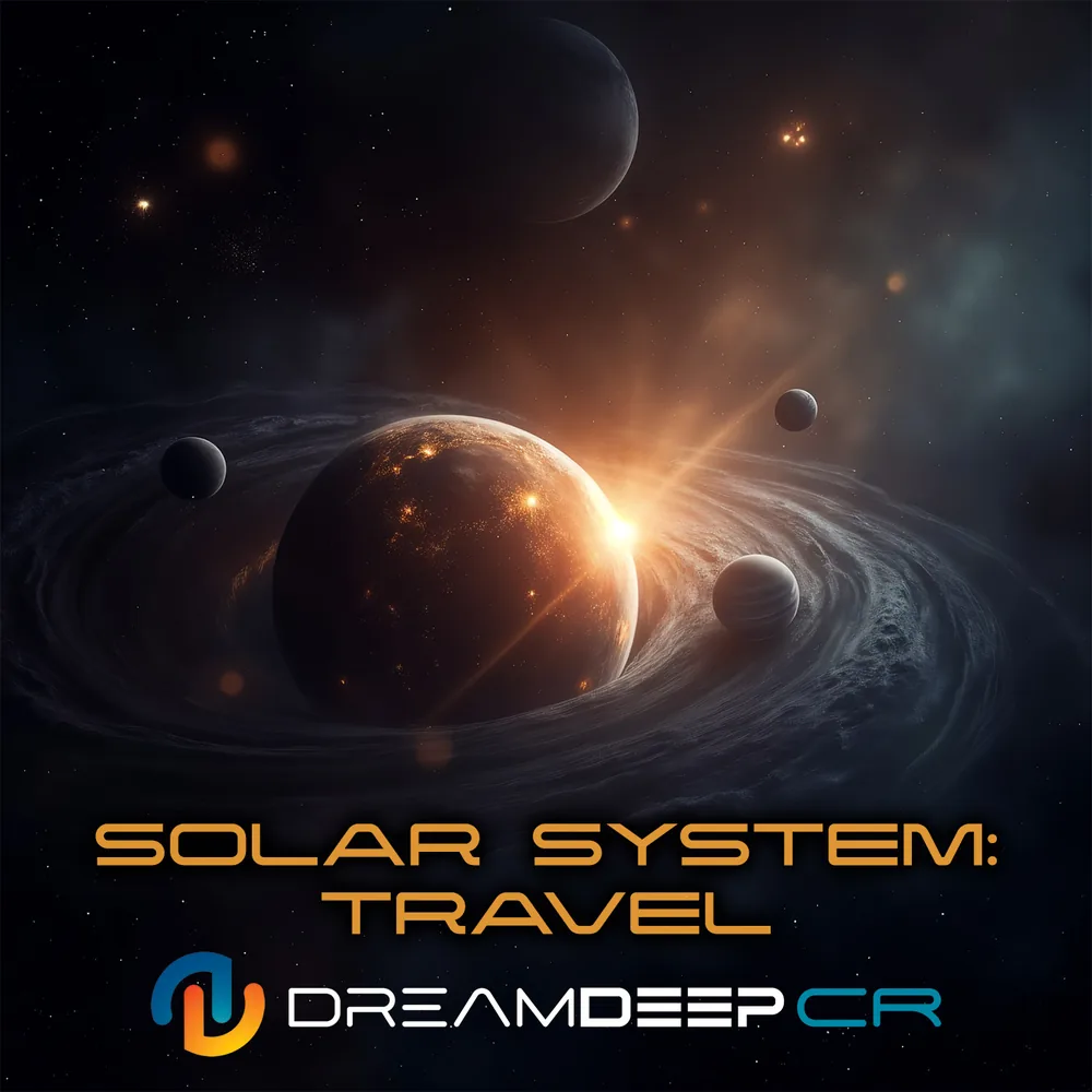 The cover of Solar System: Travel by DreamDeep CR: a planet lit by a distant sun with smaller moons around it, with the title in gold letters. The cover of Solar System: Travel by DreamDeep CR: a planet lit by a distant sun with smaller moons around it, with the title in gold letters.